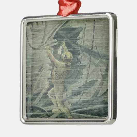 Ein Tiefsee-Taucher, der die Wracke betrachtet Ornament Aus Metall (Links)