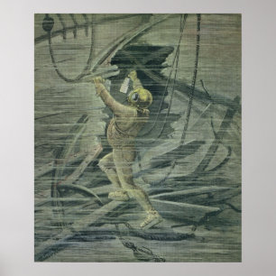 Ein Tieftaucher mit Blick auf die Wracks Poster