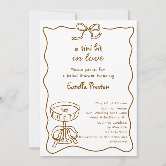 Ein Tini-Bit braunes, handgezeichnetes Martini-Bra Einladung (Vorderseite)
