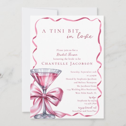 Ein Tini-Bit in Liebe Rosa Bow Martini-Brautparty Einladung (Vorderseite)