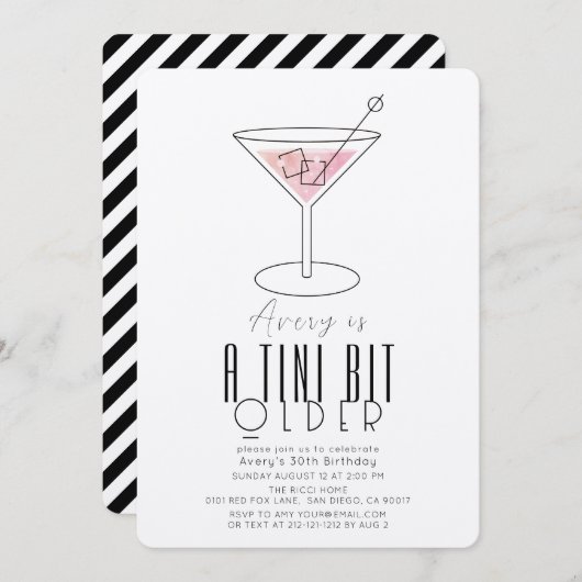 Ein Tini etwas älter, modern pink Martini Geburtst Einladung (Vorne/Hinten)