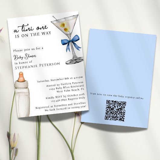 Ein Tini One Blue Martini Themed QR Code Baby Dusc Einladung
