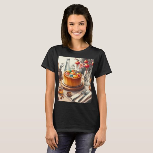 ein Tisch mit Kuchen und einer Vase mit Eiern T-Shirt (Vorne ganz)