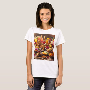 ein Tisch voller Lebensmittel, einschließlich Obst T-Shirt