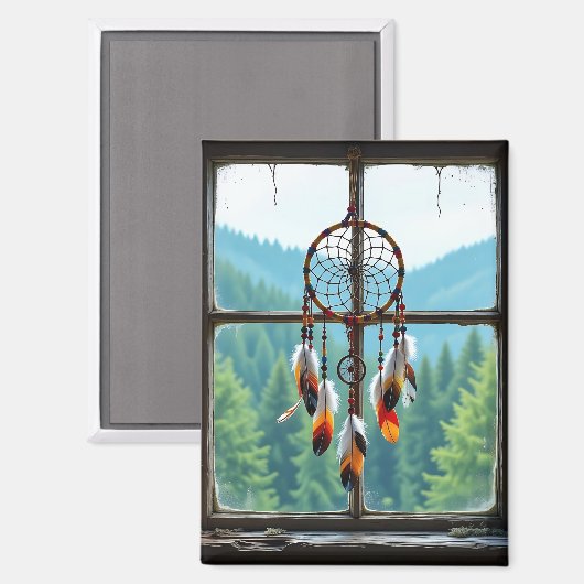Ein Traumfänger in einem Fenster mit Blick auf Ber Magnet (Vorderseite/Rückseite)