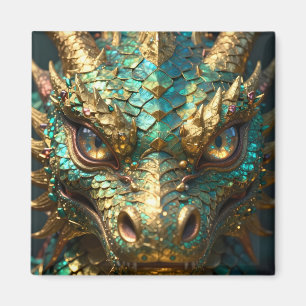 Ein türkis-goldener Drache, mystisch Magnet