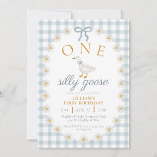 EIN verrückter Gans Blau Gingham Daisy Erster Gebu Einladung