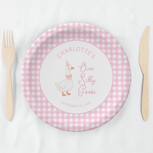 Ein verrückter Gans Rosa Gingham Rustikaler Erster Pappteller