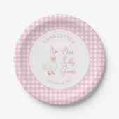 Ein verrückter Gans Rosa Gingham Rustikaler Erster Pappteller (Vorderseite)