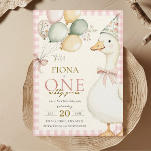 Ein verrückter Gänse- Pink-Gingham-Mädchen 1. Gebu Einladung