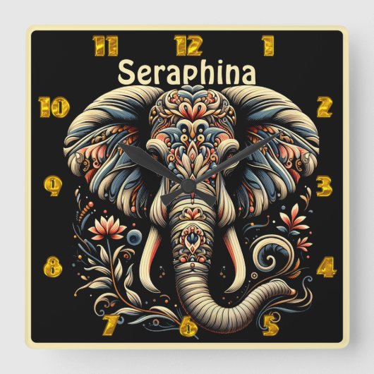 Ein verzierter Elefant mit komplizierten Mustern Quadratische Wanduhr (Vorderseite)