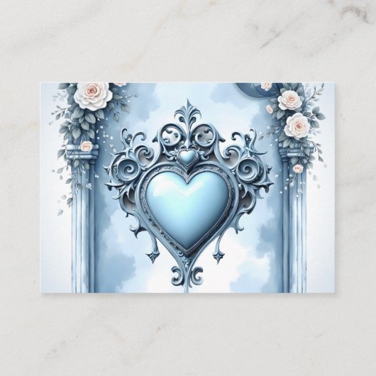 Ein verzierter, hellblauer Bogen mit Blumenakzente Begleitkarte (Rückseite)