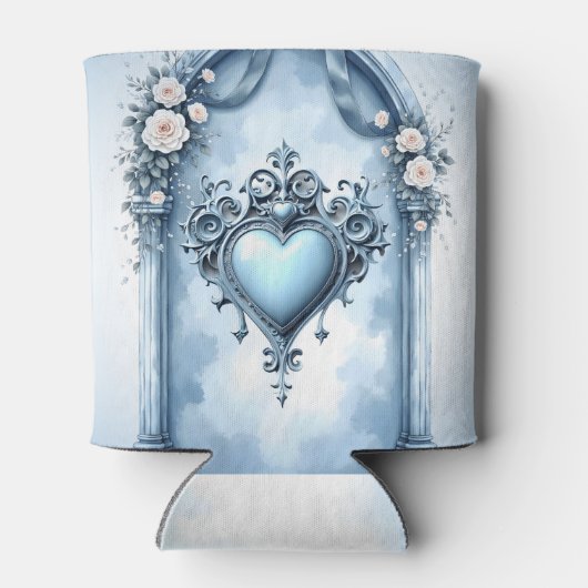 Ein verzierter, hellblauer Bogen mit Blumenakzente Dosenkühler (Rückseite)