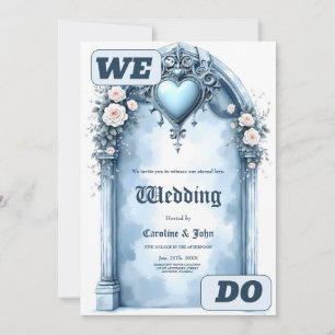 Ein verzierter, hellblauer Bogen mit Blumenakzente Einladung
