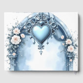 Ein verzierter, hellblauer Bogen mit Blumenakzente Gästebuch (Rückseite)