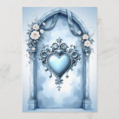 Ein verzierter, hellblauer Bogen mit Blumenakzente Menükarte (Rückseite)