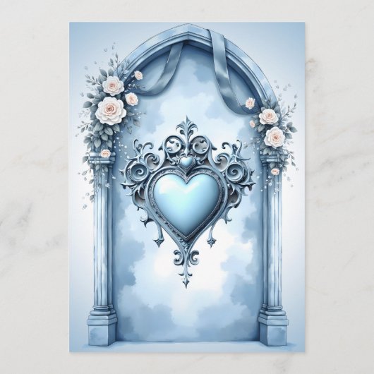 Ein verzierter, hellblauer Bogen mit Blumenakzente Menükarte (Rückseite)