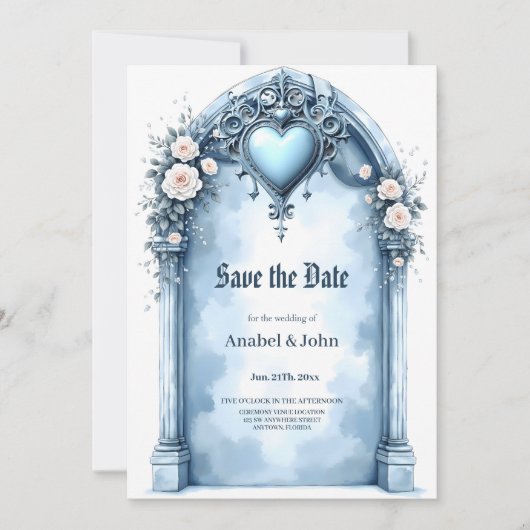 Ein verzierter, hellblauer Bogen mit Blumenakzente Save The Date (Vorderseite)