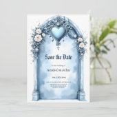 Ein verzierter, hellblauer Bogen mit Blumenakzente Save The Date (Stehend Vorderseite)