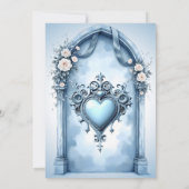 Ein verzierter, hellblauer Bogen mit Blumenakzente Save The Date (Rückseite)