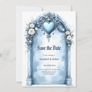 Ein verzierter, hellblauer Bogen mit Blumenakzente Save The Date
