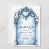 Ein verzierter, hellblauer Bogen mit Blumenakzente Save The Date (Vorderseite)