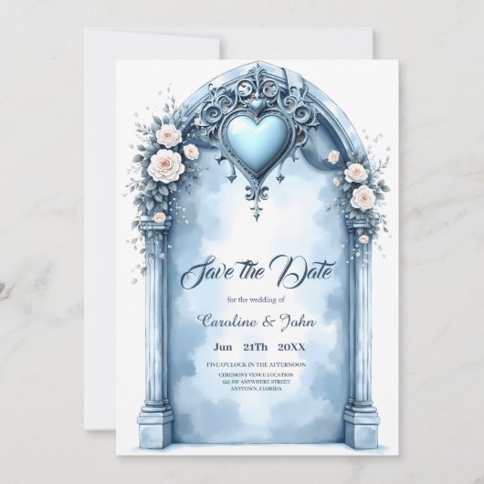 Ein verzierter, hellblauer Bogen mit Blumenakzente Save The Date (Vorderseite)