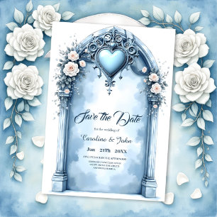 Ein verzierter, hellblauer Bogen mit Blumenakzente Save The Date