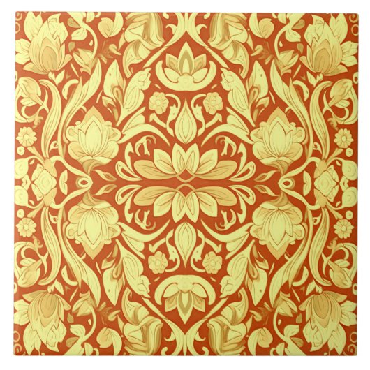 Ein Vintages rot-gelbes Blumenmuster Fliese (Vorderseite)
