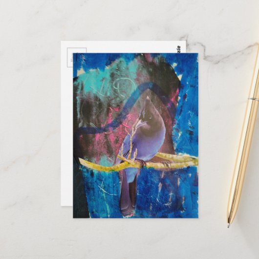 Ein Vogel, der blau ist Mixed Media Collage Postkarte (Vorderseite/Rückseite Beispiel)
