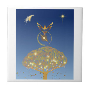 Ein Vogel, der über einen goldenen Baum fliegt Fliese