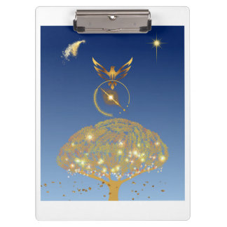 Ein Vogel, der über einen goldenen Baum fliegt Klemmbrett