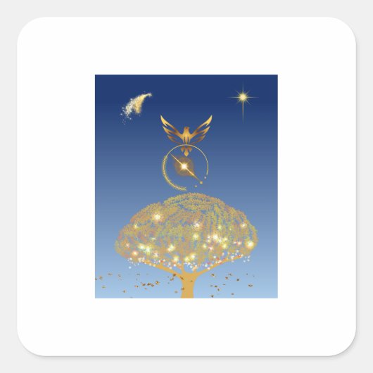 Ein Vogel, der über einen goldenen Baum fliegt Quadratischer Aufkleber (Vorderseite)