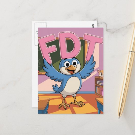 Ein Vogel mit FDT-Buchstaben in einem Klassenzimme Postkarte (Vorderseite/Rückseite Beispiel)