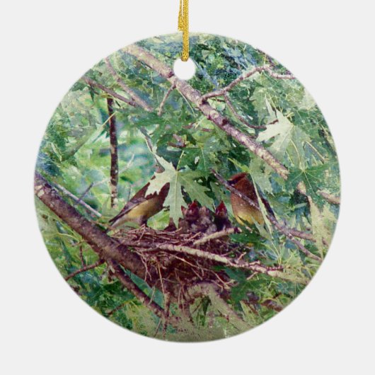 Ein Vollnest, Eltern und Babyvögel Keramikornament (Hinten)