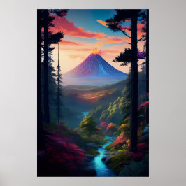 Ein Waldrand gegenüber dem mächtigen Vulkan Poster