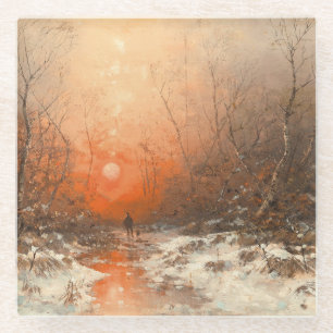 Ein Waldweg mit Jäger bei Sonnenuntergang Glasuntersetzer