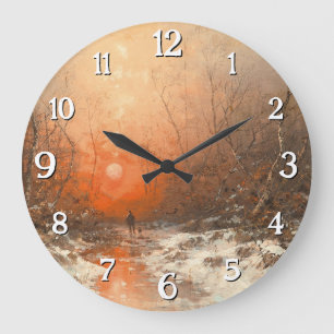 Ein Waldweg mit Jäger bei Sonnenuntergang Große Wanduhr