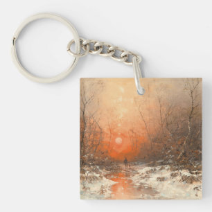 Ein Waldweg mit Jäger bei Sonnenuntergang Schlüsselanhänger
