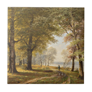 Ein Waldweg mit Wanderer im Herbst Fliese