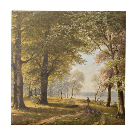 Ein Waldweg mit Wanderer im Herbst Fliese (Vorderseite)