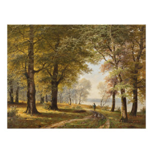 Ein Waldweg mit Wanderer im Herbst Poster