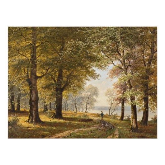 Ein Waldweg mit Wanderer im Herbst Poster (Vorderseite)