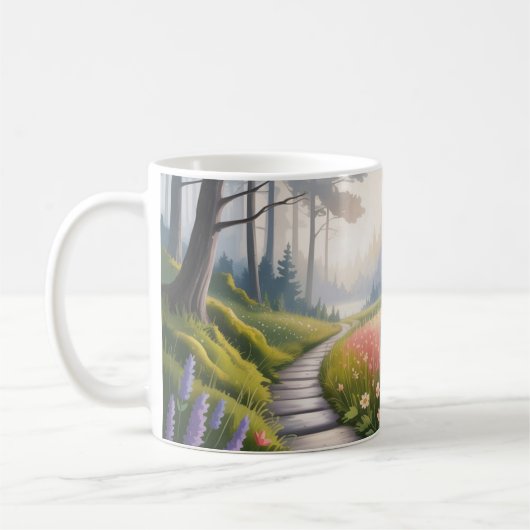 Ein Weg zwischen Waldbäumen und Wildblumen Kaffeetasse (Links)