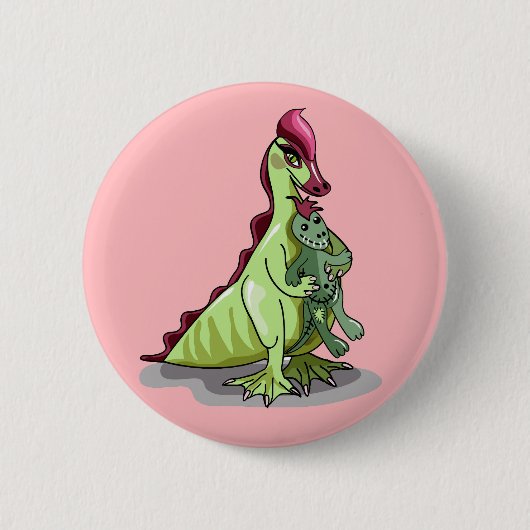 Ein weiblicher Hadrosaurus, der eine Puppe hält. Button (Vorderseite)