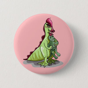 Ein weiblicher Hadrosaurus, der eine Puppe hält. Button
