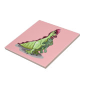 Ein weiblicher Hadrosaurus, der eine Puppe hält. Fliese (Seite)