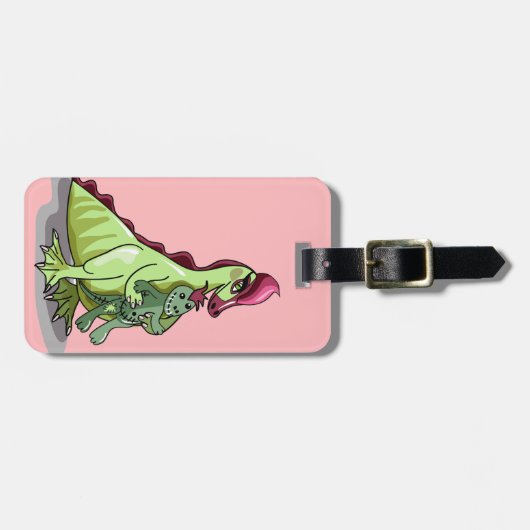 Ein weiblicher Hadrosaurus, der eine Puppe hält. Gepäckanhänger (Vorderseite horizontal)