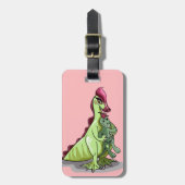 Ein weiblicher Hadrosaurus, der eine Puppe hält. Gepäckanhänger (Vorderseite vertikal)