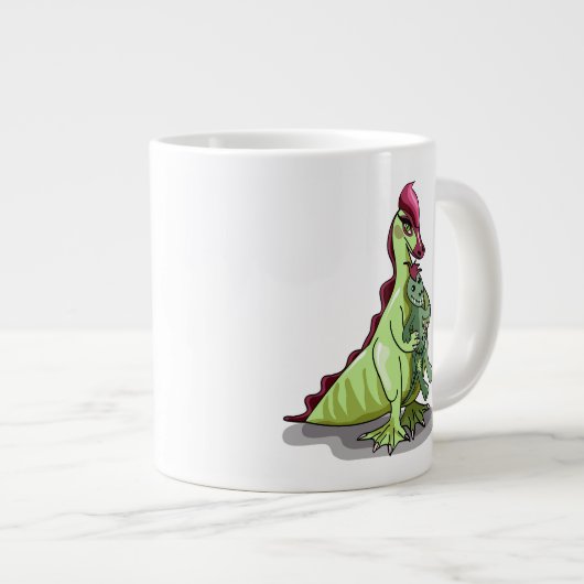 Ein weiblicher Hadrosaurus, der eine Puppe hält. Jumbo-Tasse (Vorderseite Rechts)